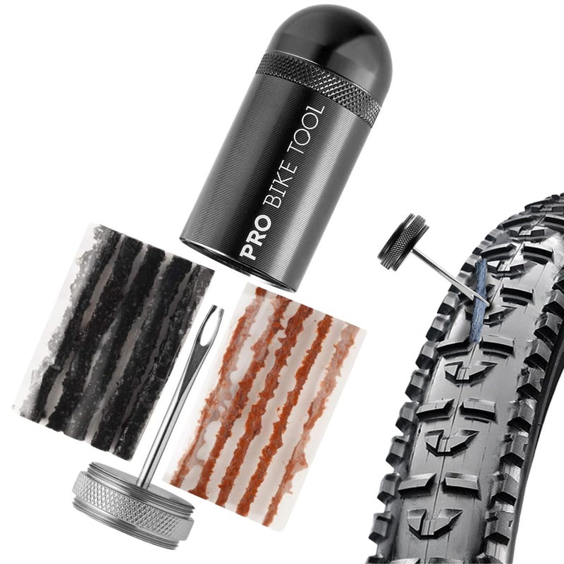 PRO Bike Tool Tubeless Bike Tyre Repair Kit â€“ for MTB and Road Bicycle Tyres â€“ Fix a Puncture or Flat, Fast â€“ Tackle Set Includes Storage Canister, Plugger Tool and Plugs - 5 Bacon and 5 Black Strips - Image 1